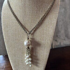 Vintage Faux Pearl Tassel Necklace with Gold Tone Double Strand Chain